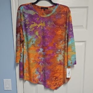 Calessa Burnout Tie‎ Dye Crew Neck Tunic W/Asymmetric Hem: Orange Multi:Size- 2X